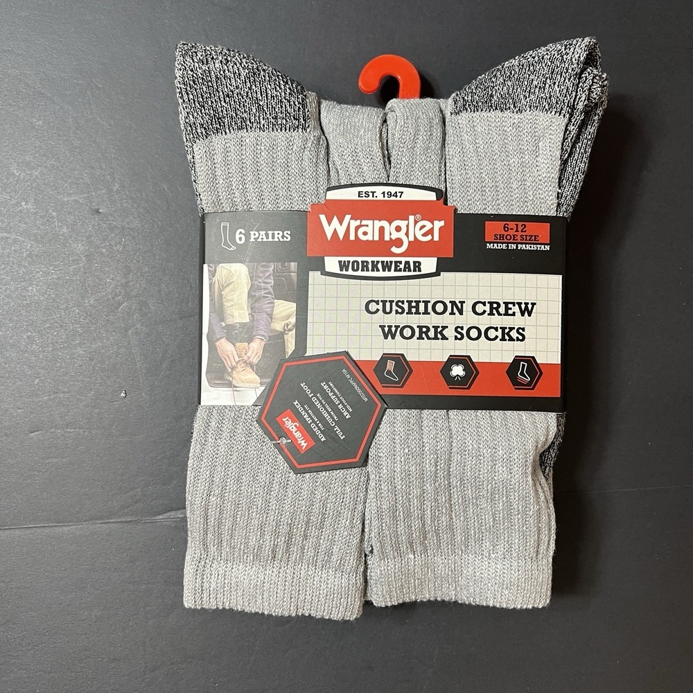 Wrangler Mens Cushion Crew Size 6-12 Grey Work Sock 6 Pair Steel Toe New